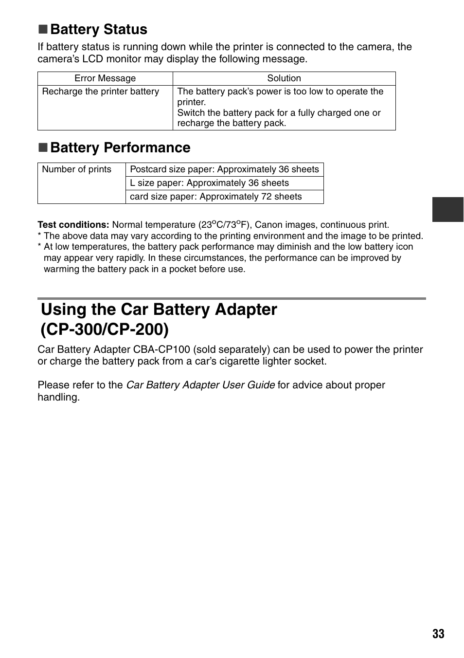 Battery status, Battery performance | Canon CDI-M113-010 User Manual | Page 34 / 154