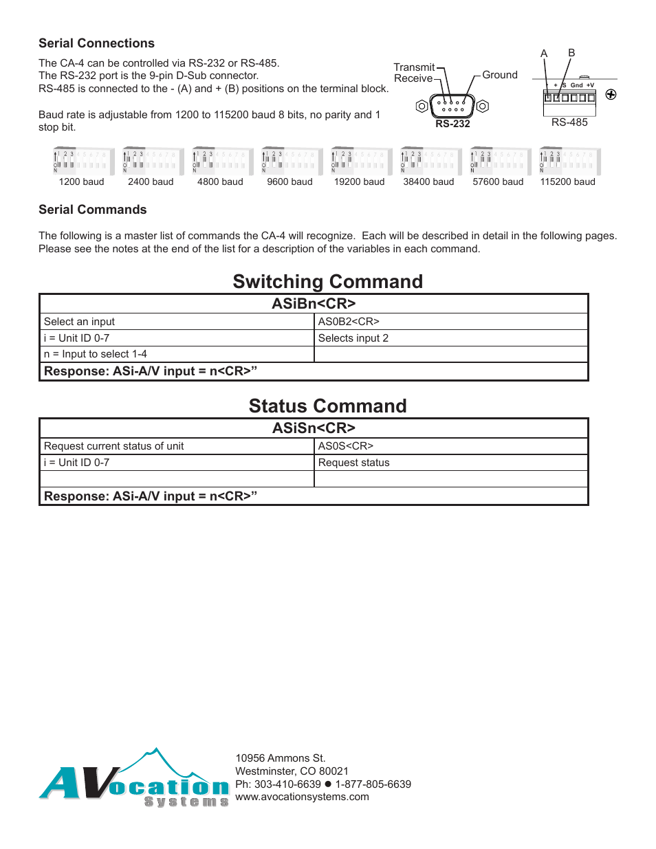 Switching command, Status command, Vga-4hd | Asibn<cr, Asisn<cr, Serial connections, Serial commands, Response: asi-a/v input = n<cr | AVocation Systems CA-4 User Manual | Page 2 / 2