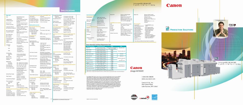 Production solutions, Specifications, Device dimensions and power requirements chart | Canon IMAGERUNNER 7086 User Manual | Page 14 / 14