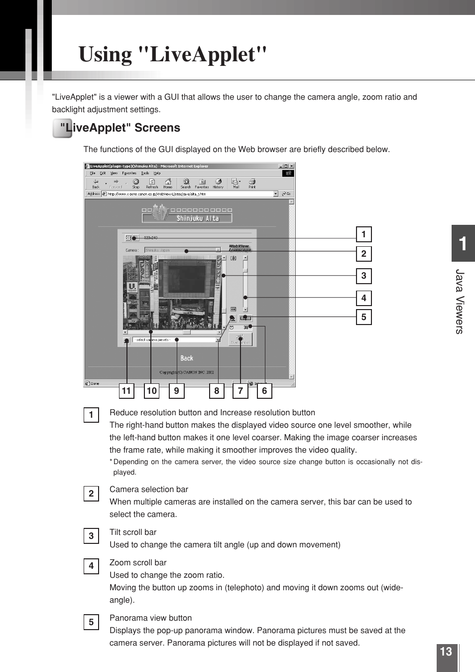 Using "liveapplet, Liveapplet" screens, Java v iewers | Canon WEBVIEW LIVESCOPE 3.2 User Manual | Page 13 / 56