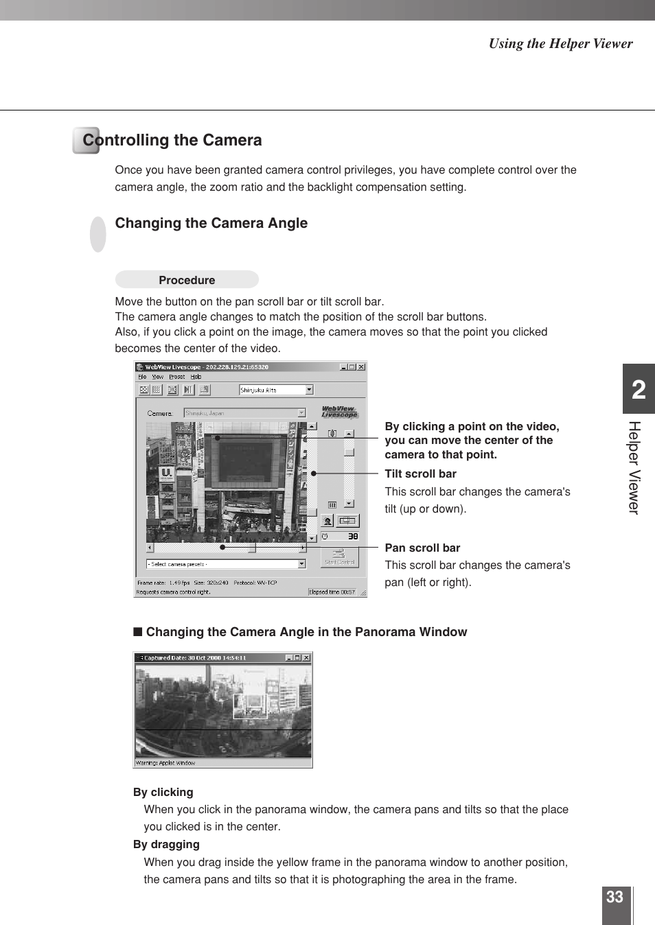 Controlling the camera, Helper vie w e r | Canon WEBVIEW LIVESCOPE 3.2 User Manual | Page 33 / 56