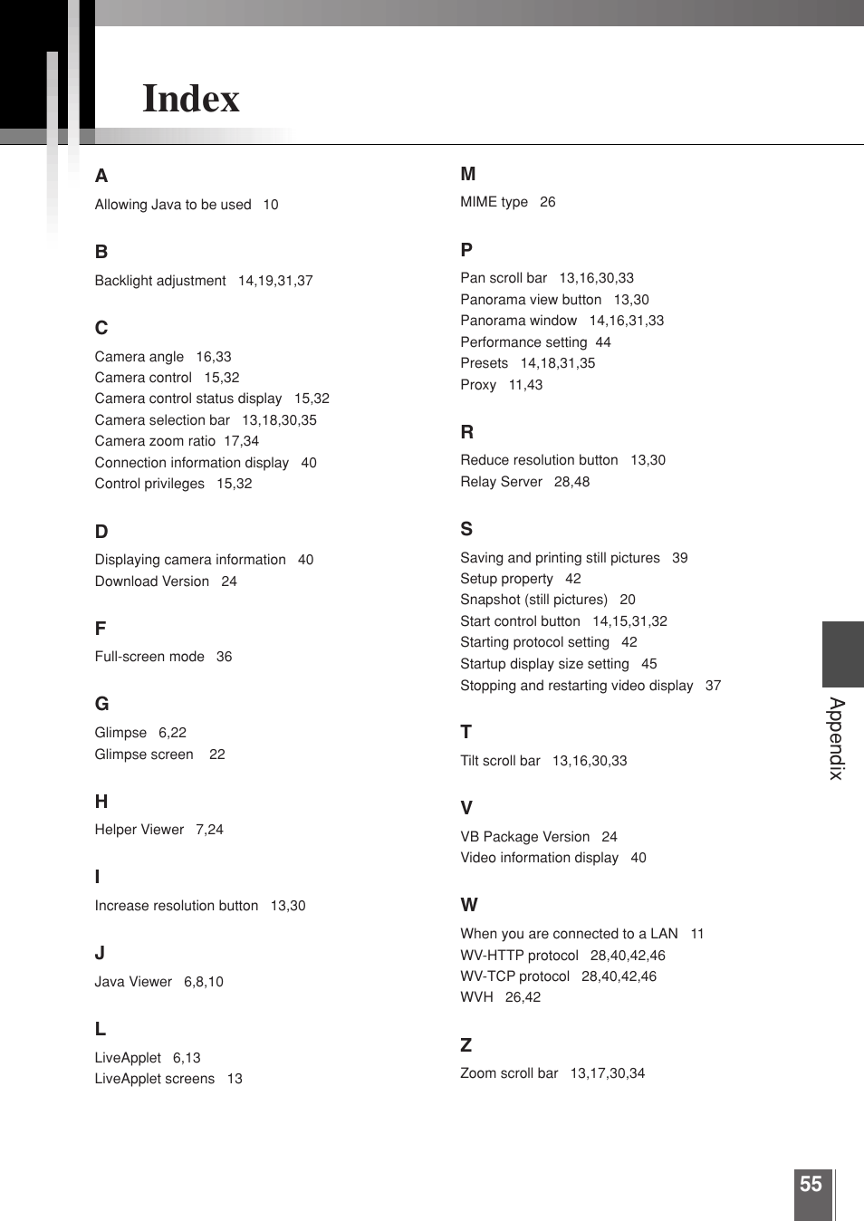 Index, Appendix | Canon WEBVIEW LIVESCOPE 3.2 User Manual | Page 55 / 56