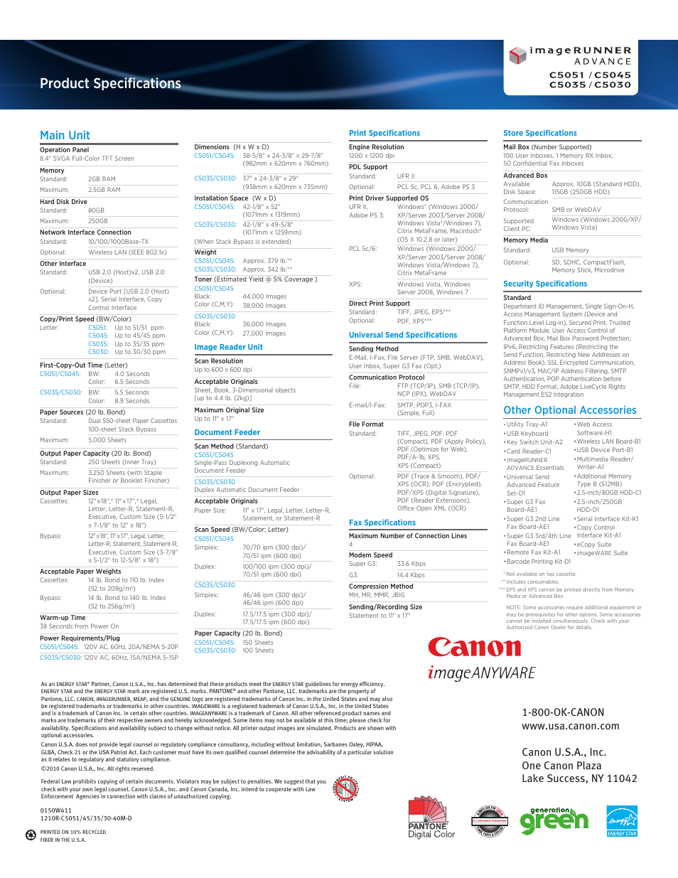 Product specifications, Main unit, Other optional accessories | Canon IMAGERUNNER ADVANCE C5051 User Manual | Page 12 / 12