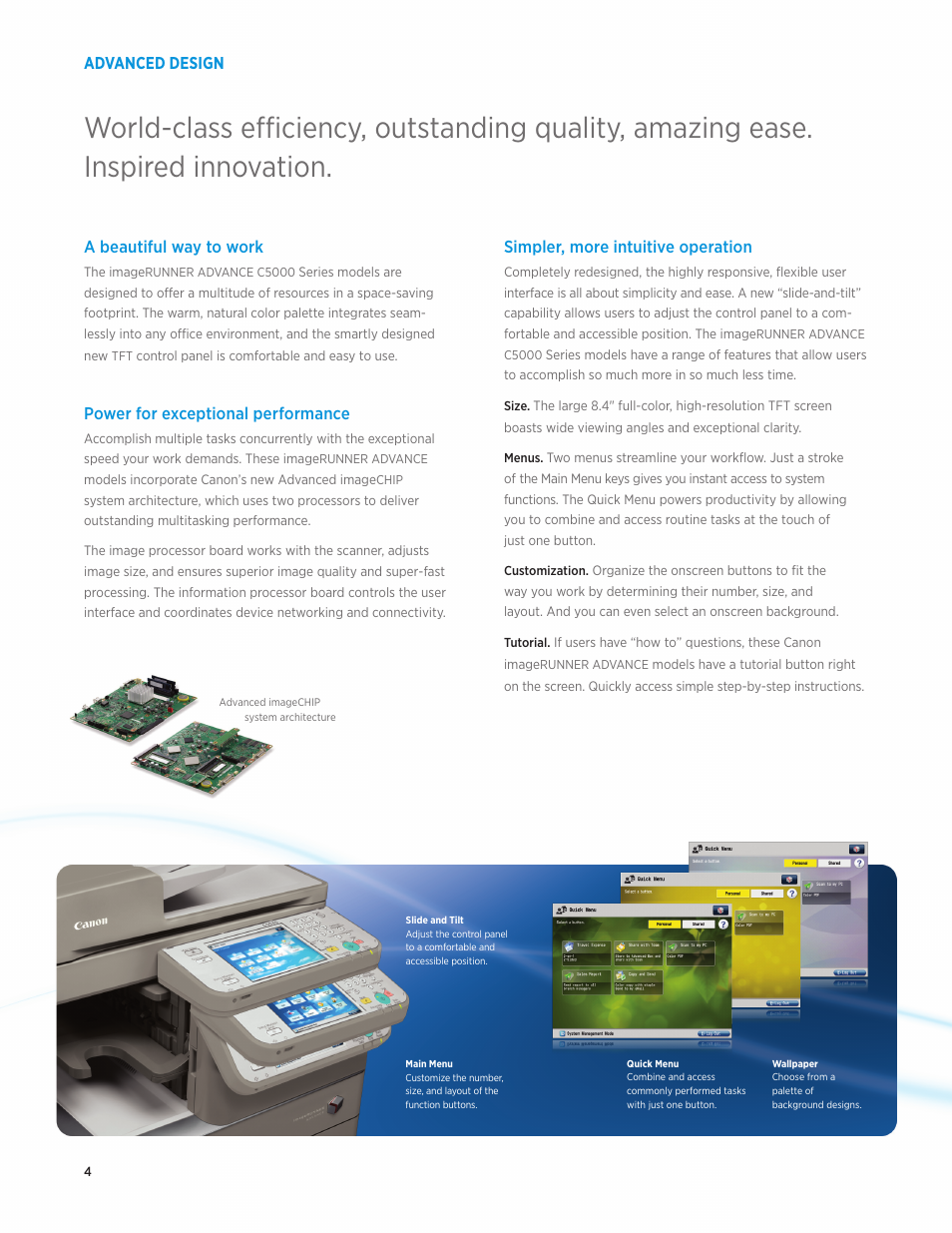 Advanced design, A beautiful way to work, Power for exceptional performance | Simpler, more intuitive operation | Canon IMAGERUNNER ADVANCE C5051 User Manual | Page 4 / 12