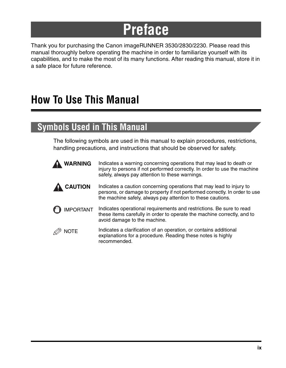 Preface, How to use this manual, Symbols used in this manual | Canon IMAGERUNNER 2230 User Manual | Page 11 / 352