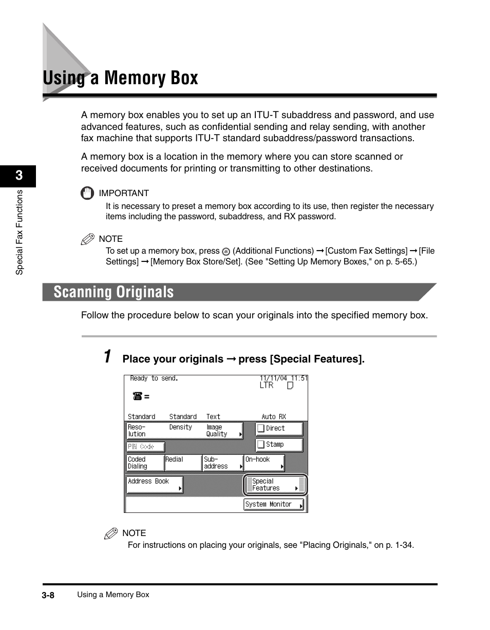 Using a memory box, Scanning originals, Using a memory box -8 | Scanning originals -8, See p. 3-8, Ing. (see "using a memory box," on p. 3-8 | Canon IMAGERUNNER 2230 User Manual | Page 116 / 352