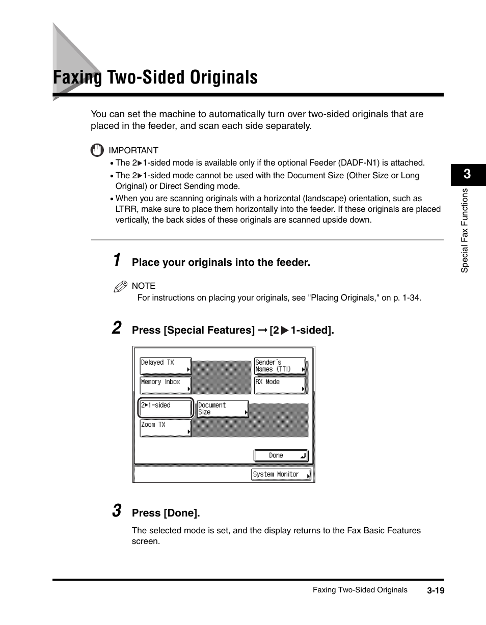 Faxing two-sided originals, Faxing two-sided originals -19, E p. 3-19 | See "faxing two-sided originals, Faxing two-sided originals," on, P. 3-19.) | Canon IMAGERUNNER 2230 User Manual | Page 127 / 352