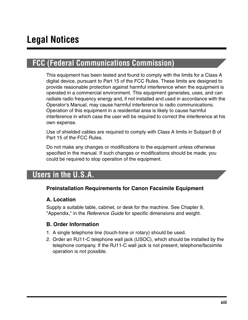 Legal notices, Fcc (federal communications commission), Users in the u.s.a | Canon IMAGERUNNER 2230 User Manual | Page 15 / 352