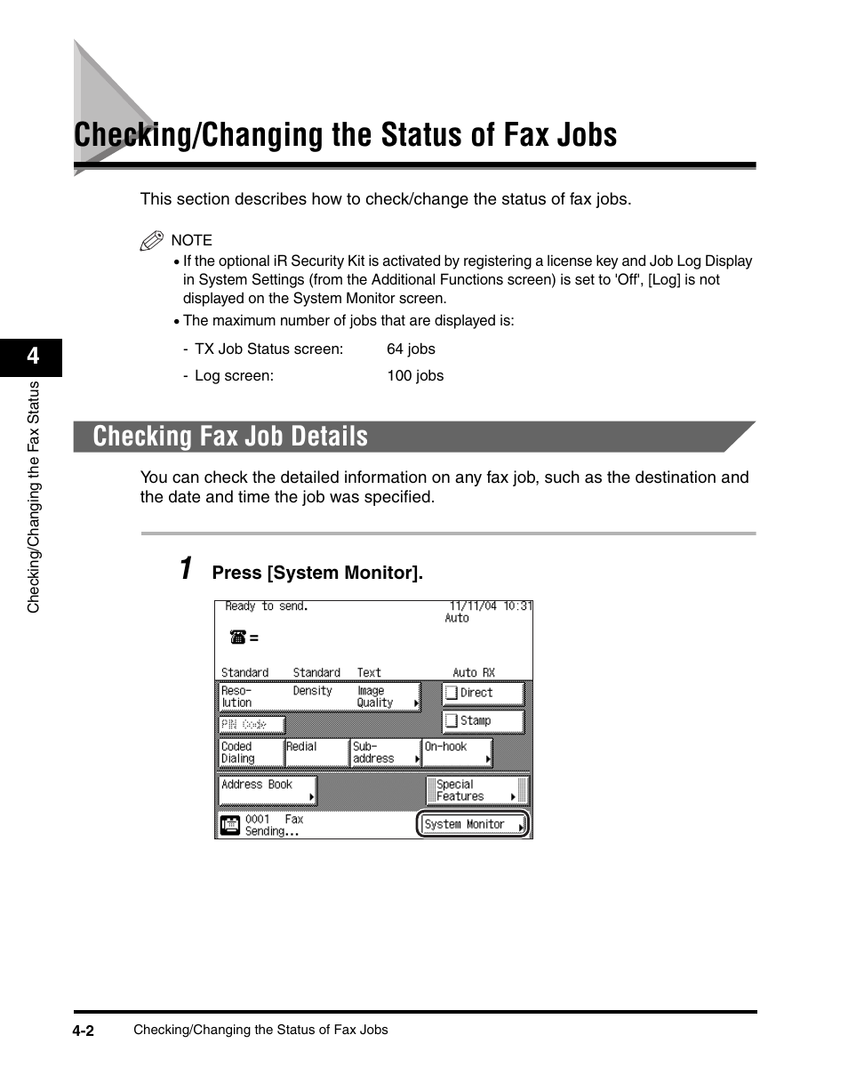 Checking/changing the status of fax jobs, Checking fax job details, Checking/changing the status of fax jobs -2 | Checking fax job details -2, Checking/ changing the status of fax jobs," on p | Canon IMAGERUNNER 2230 User Manual | Page 154 / 352