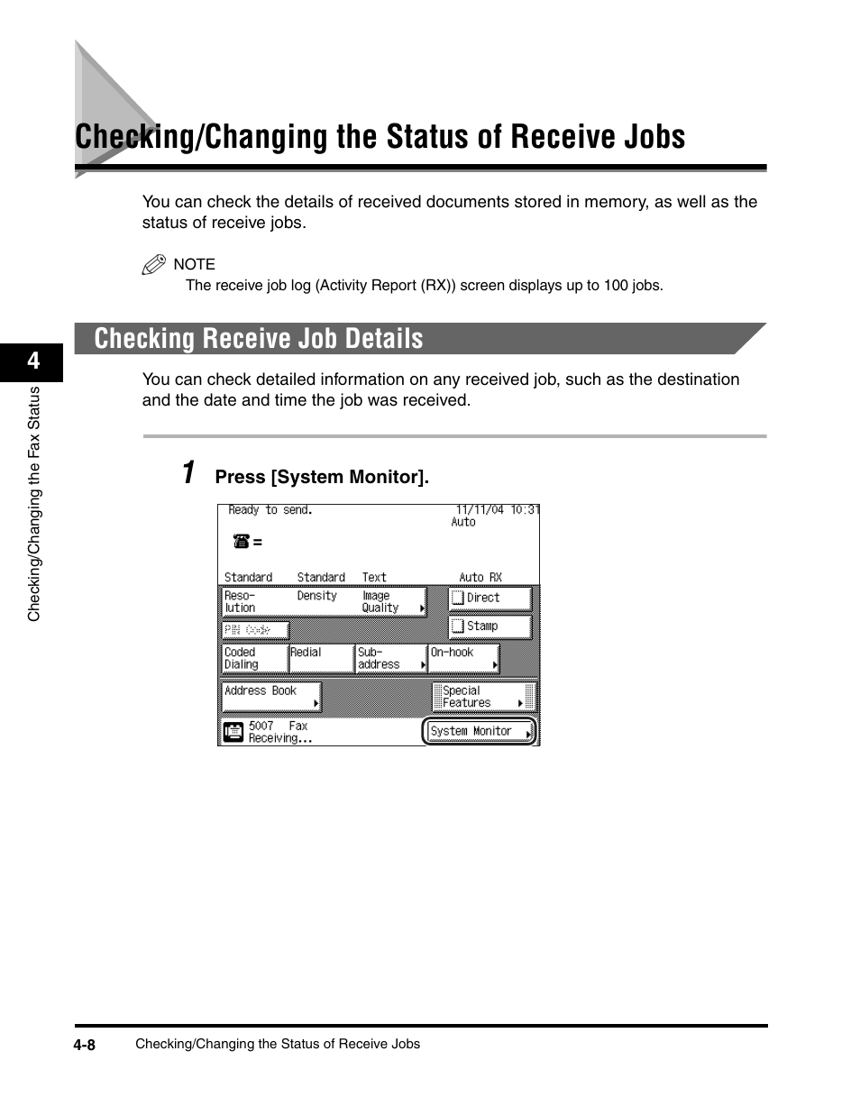 Checking/changing the status of receive jobs, Checking receive job details, Checking/changing the status of receive jobs -8 | Checking receive job details -8, Checking/changing the status of receive jobs," on | Canon IMAGERUNNER 2230 User Manual | Page 160 / 352