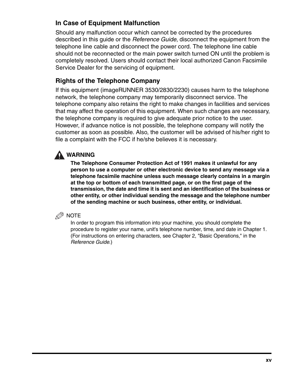 Rights of the telephone company | Canon IMAGERUNNER 2230 User Manual | Page 17 / 352