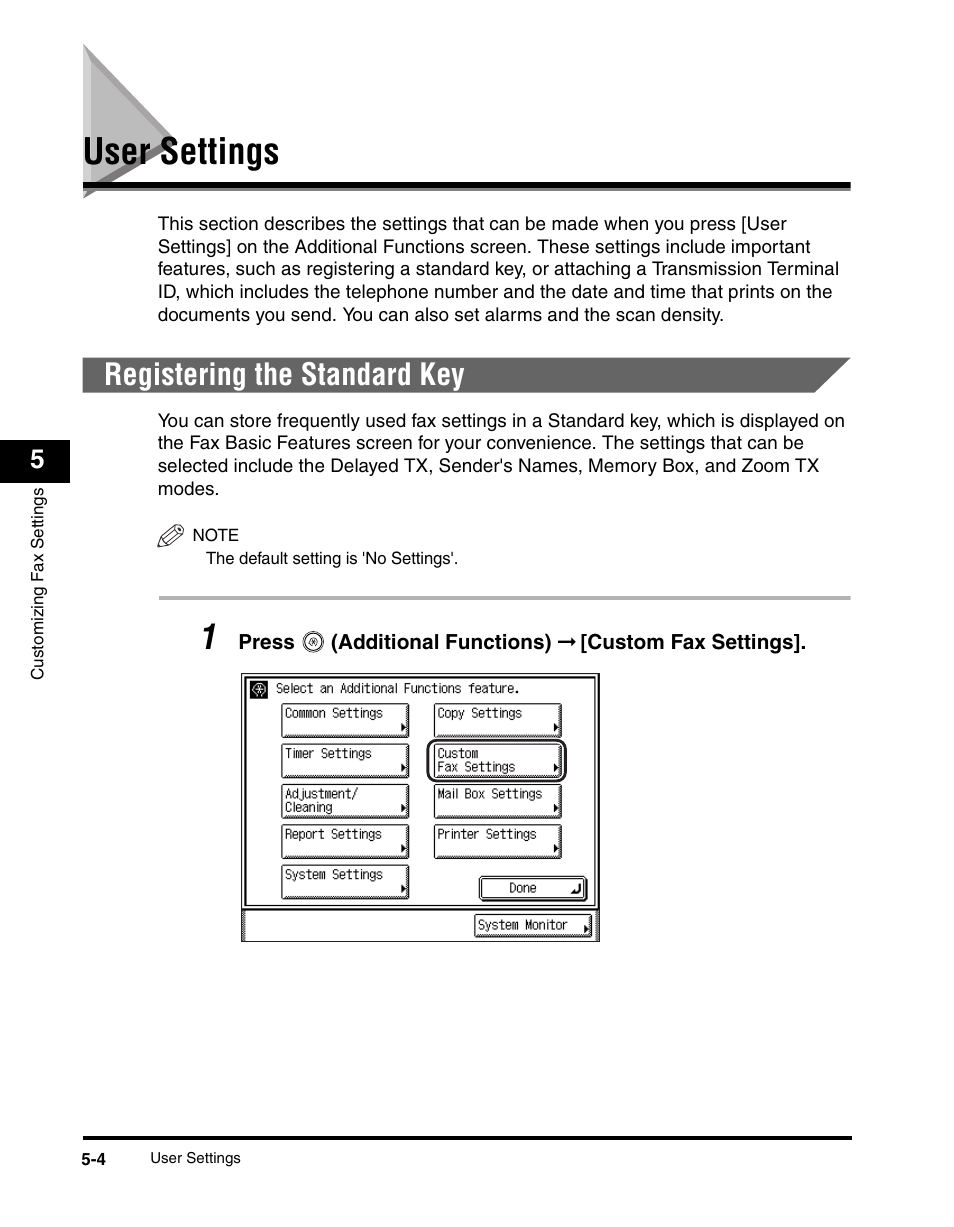 User settings, Registering the standard key, User settings -4 | Registering the standard key -4 | Canon IMAGERUNNER 2230 User Manual | Page 170 / 352