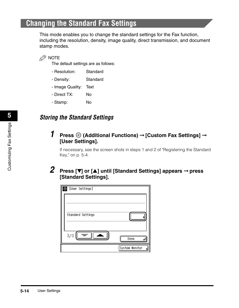 Changing the standard fax settings, Changing the standard fax settings -14, Storing the standard settings -14 | Changing the standard fax settings," on, Storing the standard settings | Canon IMAGERUNNER 2230 User Manual | Page 180 / 352