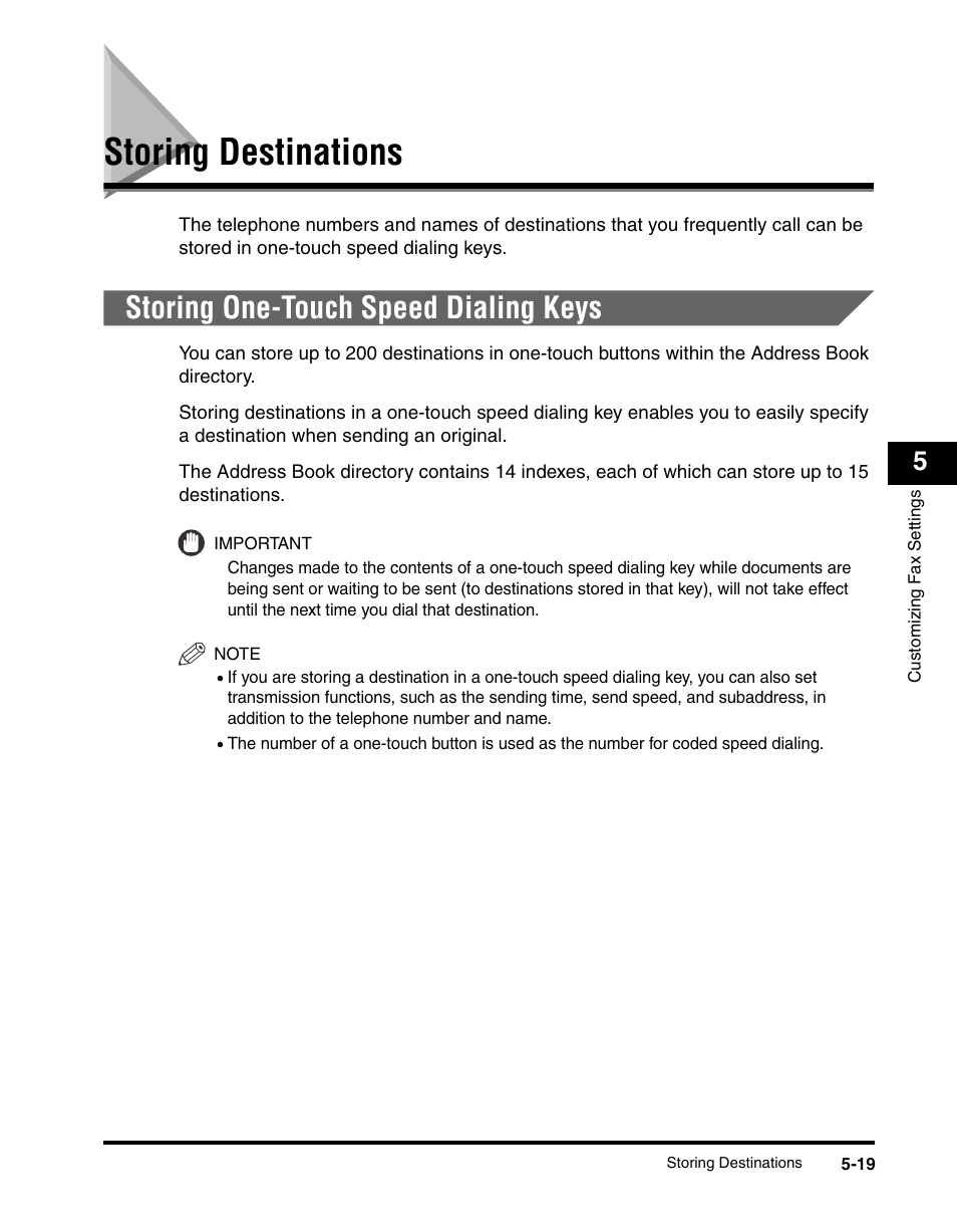 Storing destinations, Storing one-touch speed dialing keys, Storing destinations -19 | Storing one-touch speed dialing keys -19, Storing destinations," on | Canon IMAGERUNNER 2230 User Manual | Page 185 / 352