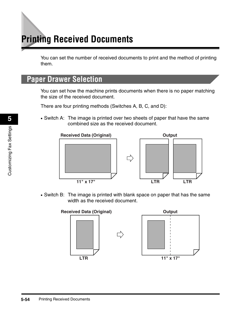 Printing received documents, Paper drawer selection, Printing received documents -54 | Paper drawer selection -54, See "paper drawer selection | Canon IMAGERUNNER 2230 User Manual | Page 220 / 352