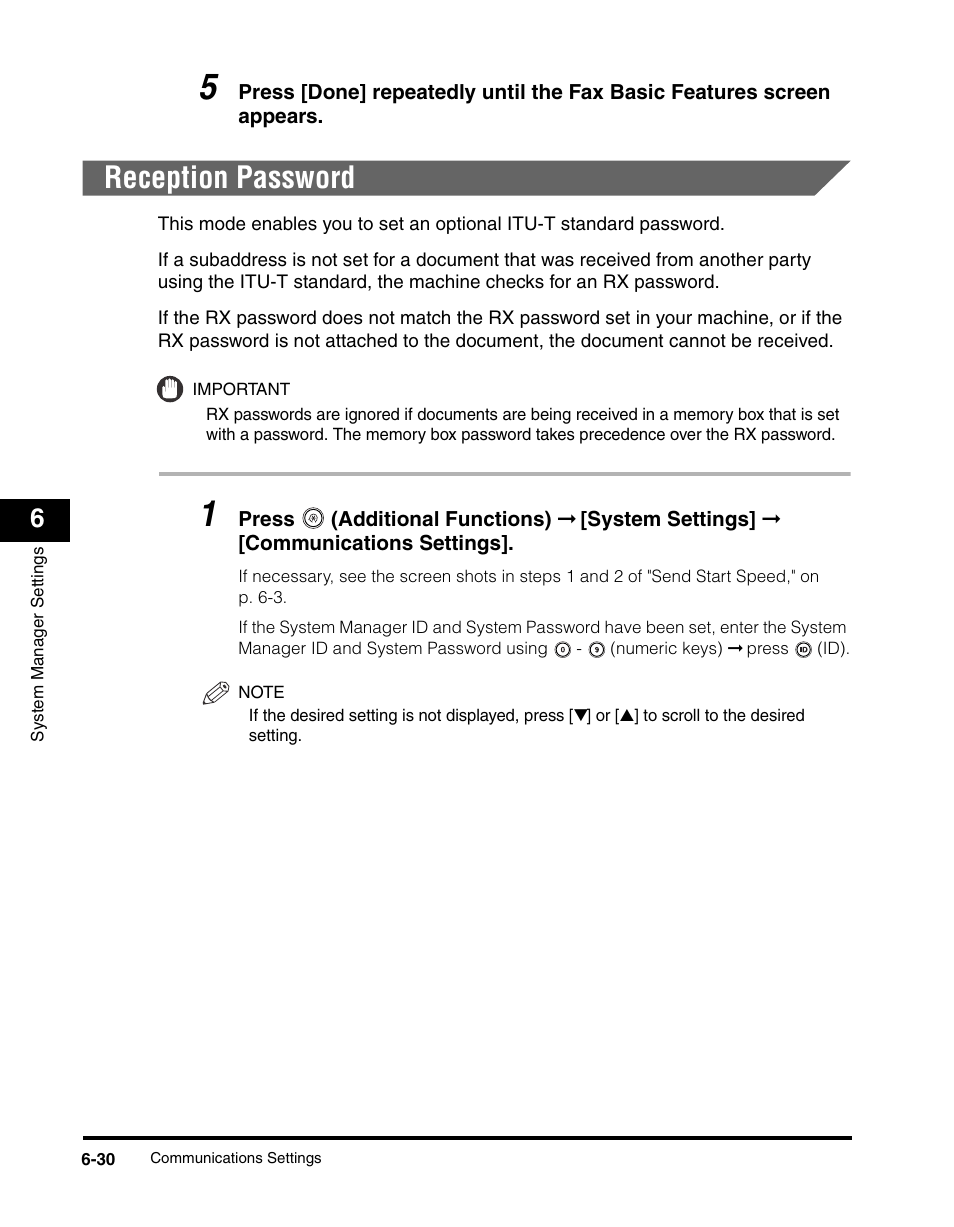Reception password, Reception password -30, Reception password," on p. 6-30 | See "reception password," on p. 6-30 | Canon IMAGERUNNER 2230 User Manual | Page 286 / 352