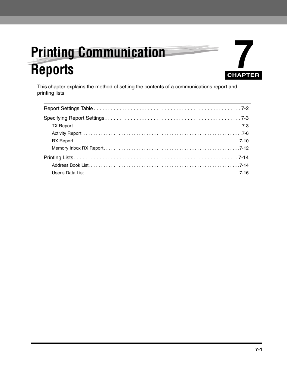 Printing communication reports, Chapter 7 | Canon IMAGERUNNER 2230 User Manual | Page 291 / 352