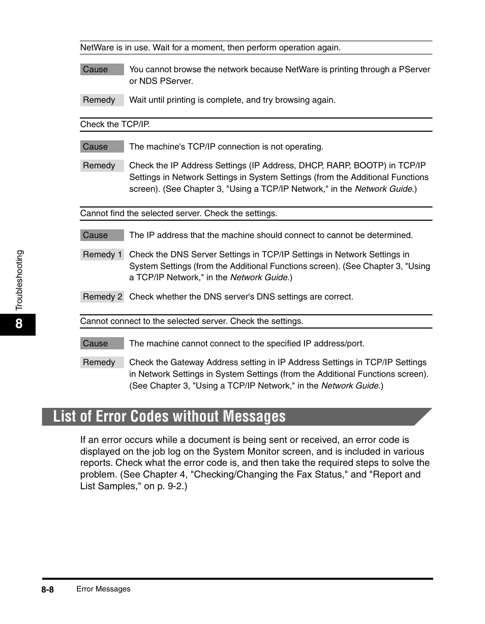 List of error codes without messages, List of error codes without messages -8 | Canon IMAGERUNNER 2230 User Manual | Page 316 / 352