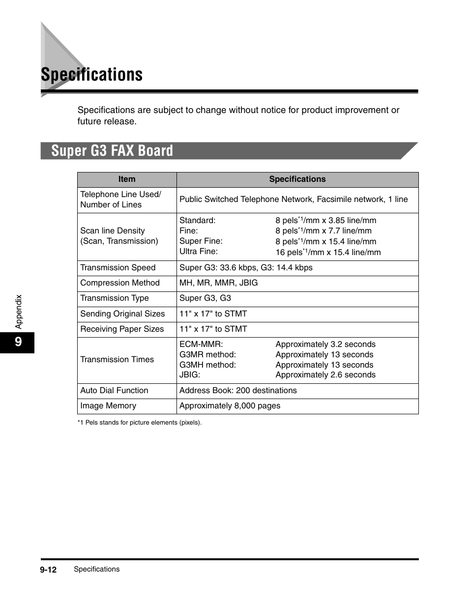 Specifications, Super g3 fax board, Specifications -12 | Super g3 fax board -12 | Canon IMAGERUNNER 2230 User Manual | Page 336 / 352