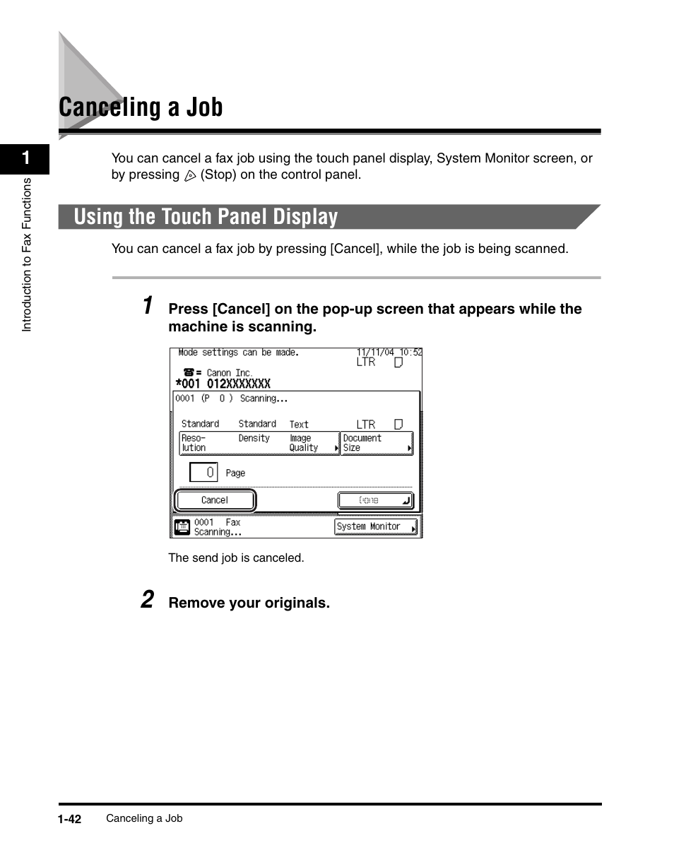 Canceling a job, Using the touch panel display, Canceling a job -42 | Using the touch panel display -42 | Canon IMAGERUNNER 2230 User Manual | Page 66 / 352