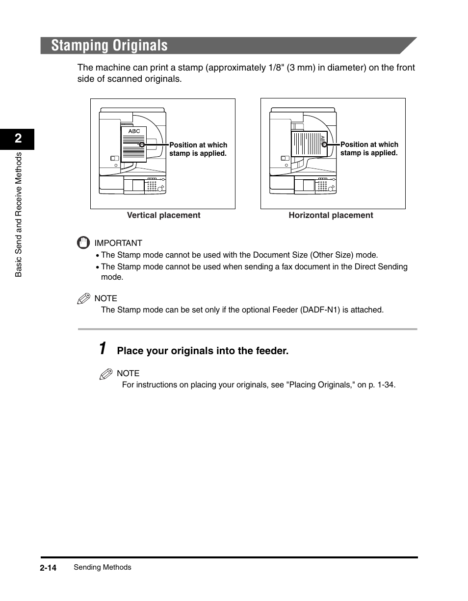 Stamping originals, Stamping originals -14, See p. 2-14 | Stamping originals," on p. 2-14, Place your originals into the feeder | Canon IMAGERUNNER 2230 User Manual | Page 86 / 352