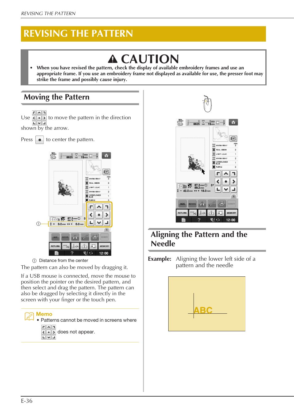 Caution, Revising the pattern, Moving the pattern | Aligning the pattern and the needle | Baby Lock Spirit (BLPY) Instruction and Reference Guide User Manual | Page 102 / 184