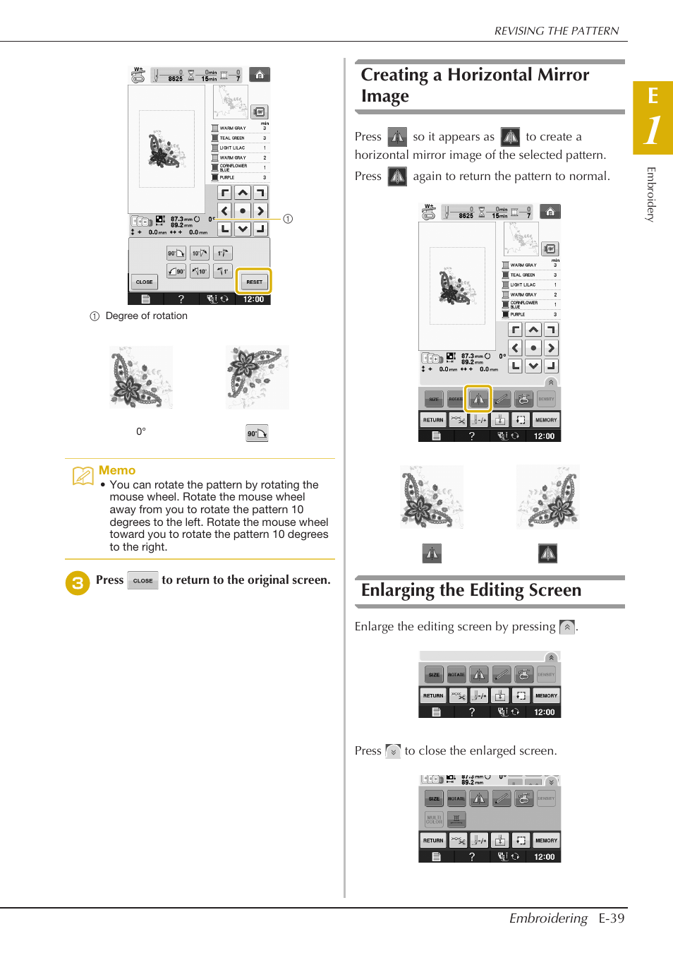 Creating a horizontal mirror image, Enlarging the editing screen | Baby Lock Spirit (BLPY) Instruction and Reference Guide User Manual | Page 105 / 184
