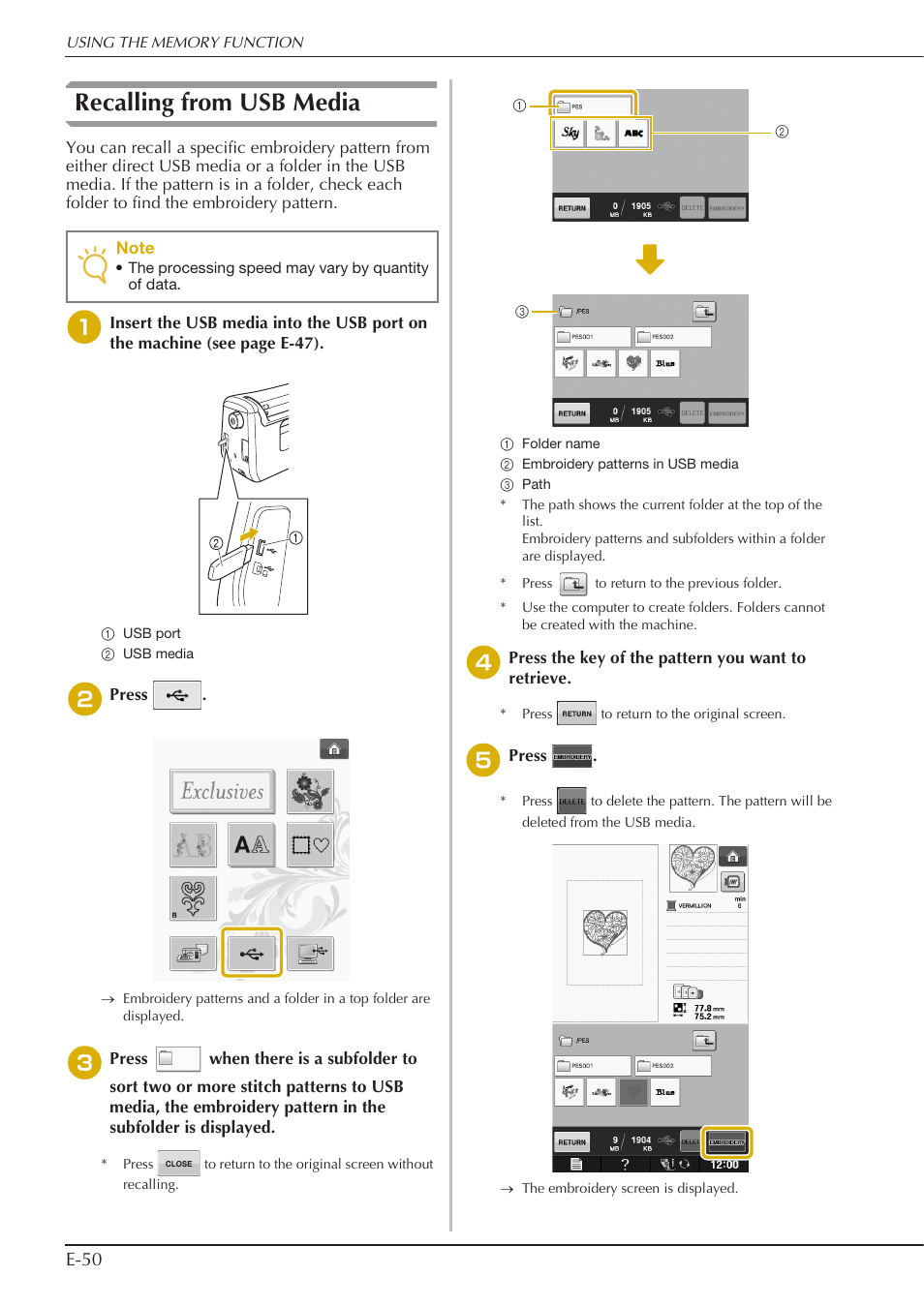 Recalling from usb media, E-50 | Baby Lock Spirit (BLPY) Instruction and Reference Guide User Manual | Page 116 / 184
