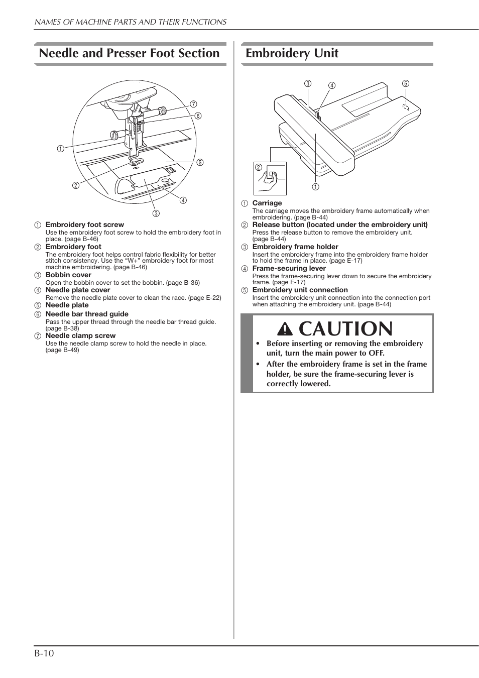 Caution, Embroidery unit, B-10 | Baby Lock Spirit (BLPY) Instruction and Reference Guide User Manual | Page 12 / 184