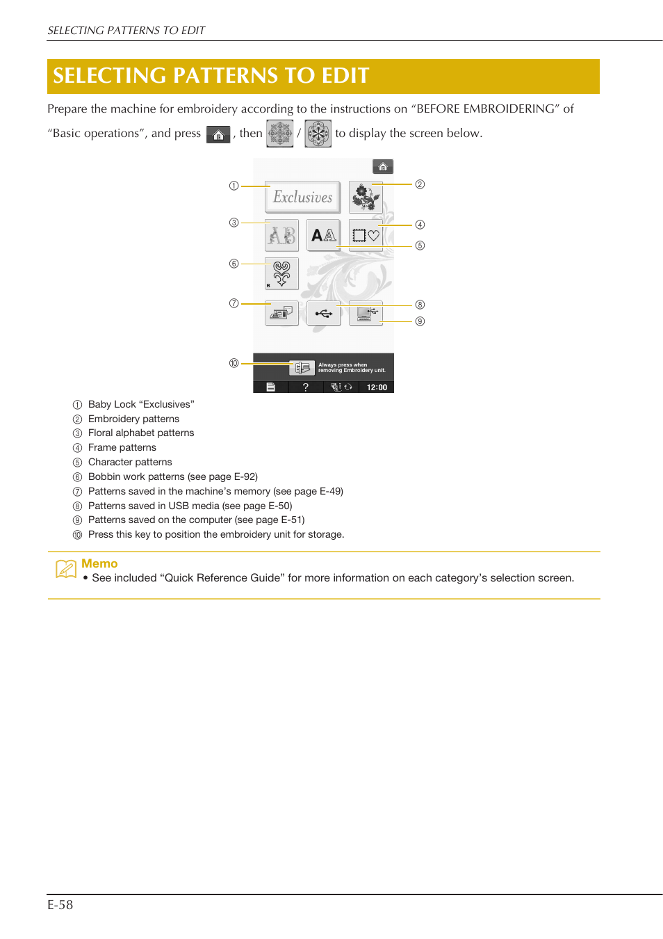 Selecting patterns to edit | Baby Lock Spirit (BLPY) Instruction and Reference Guide User Manual | Page 124 / 184