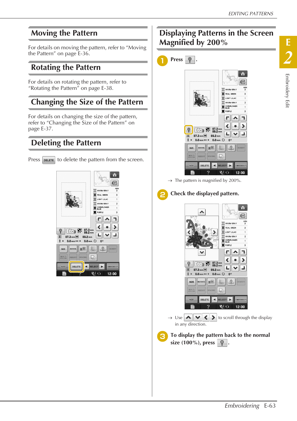 Moving the pattern, Rotating the pattern, Changing the size of the pattern | Deleting the pattern, Displaying patterns in the screen magnified by 200 | Baby Lock Spirit (BLPY) Instruction and Reference Guide User Manual | Page 129 / 184