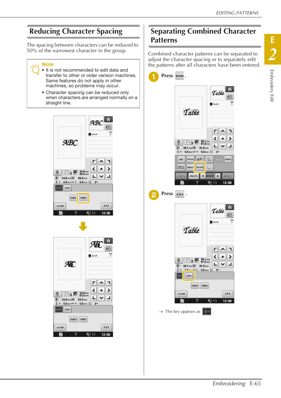 Reducing character spacing, Separating combined character patterns | Baby Lock Spirit (BLPY) Instruction and Reference Guide User Manual | Page 131 / 184