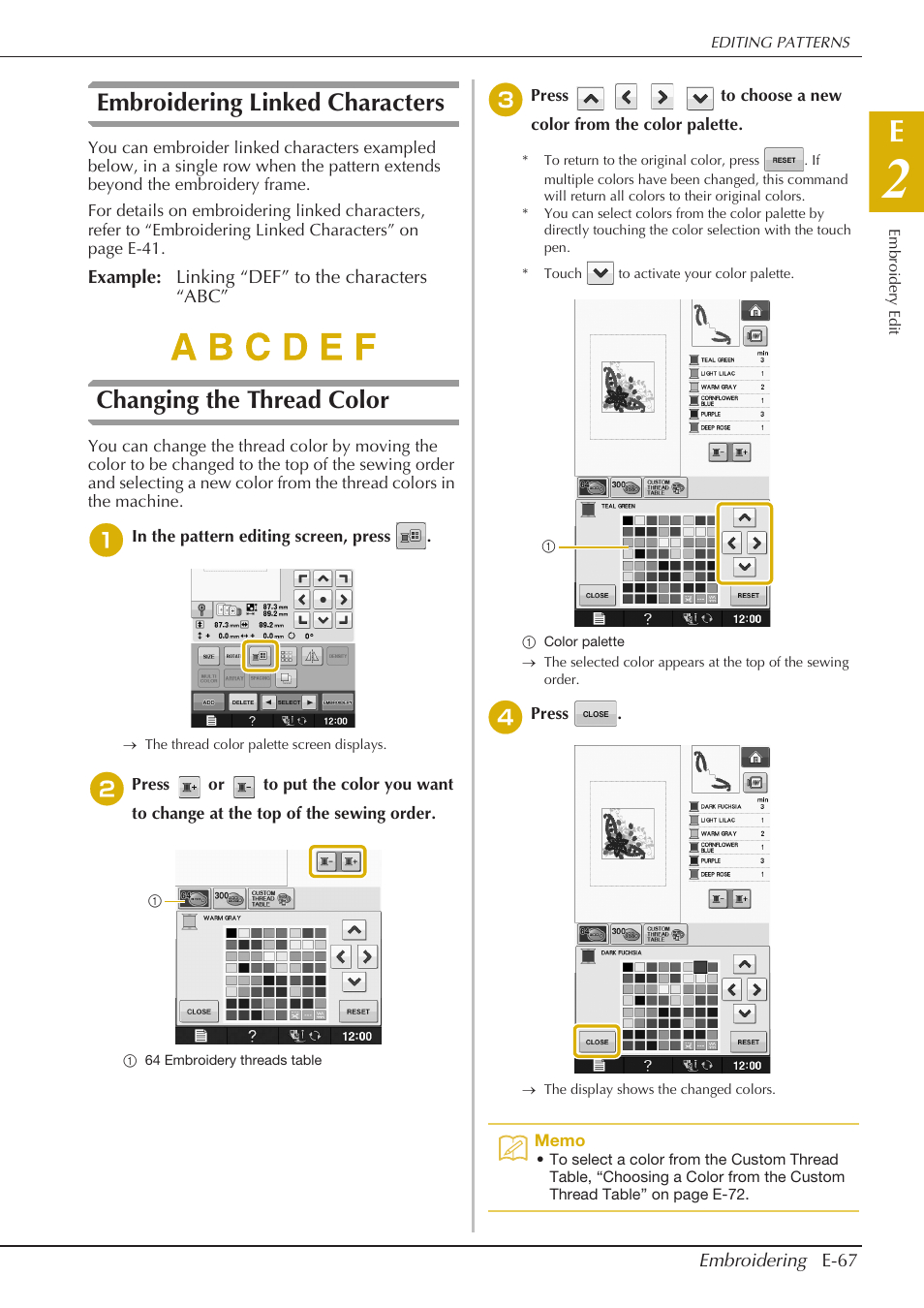 Embroidering linked characters, Changing the thread color | Baby Lock Spirit (BLPY) Instruction and Reference Guide User Manual | Page 133 / 184