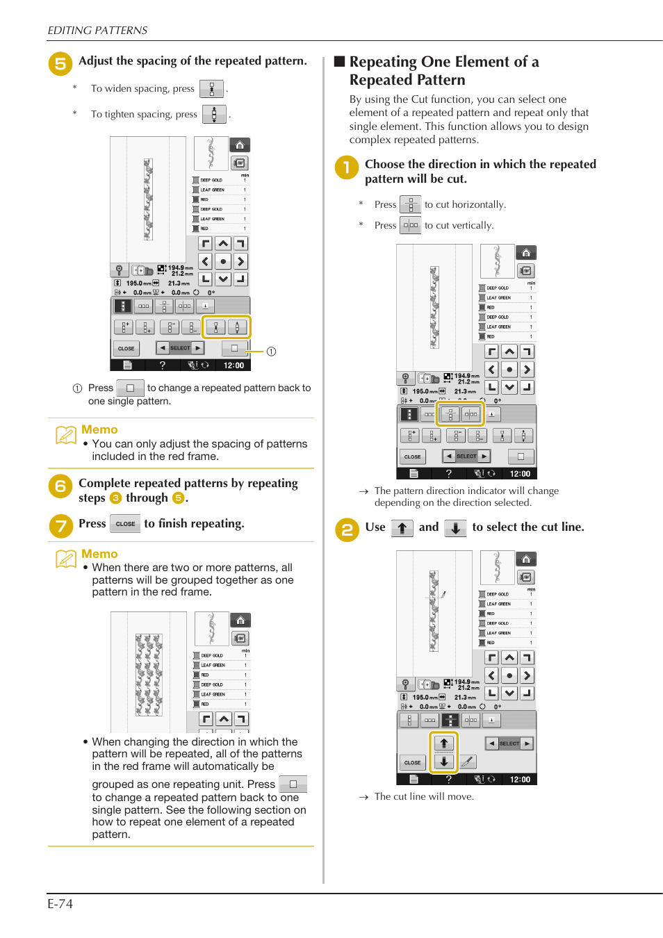 Repeating one element of a repeated pattern, E-74 | Baby Lock Spirit (BLPY) Instruction and Reference Guide User Manual | Page 140 / 184