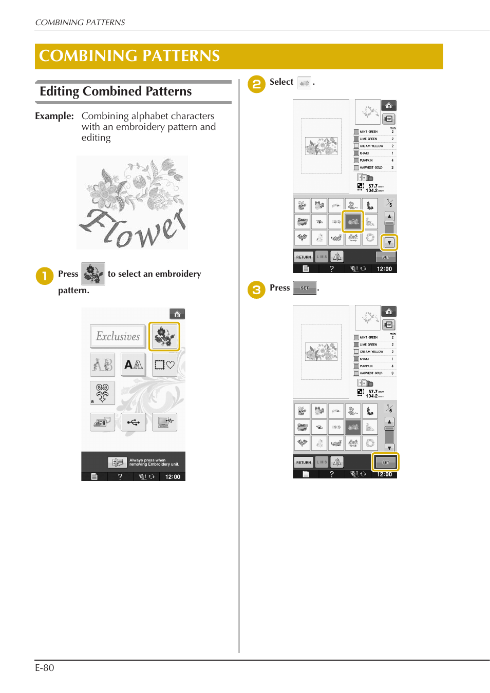 Combining patterns, Editing combined patterns | Baby Lock Spirit (BLPY) Instruction and Reference Guide User Manual | Page 146 / 184