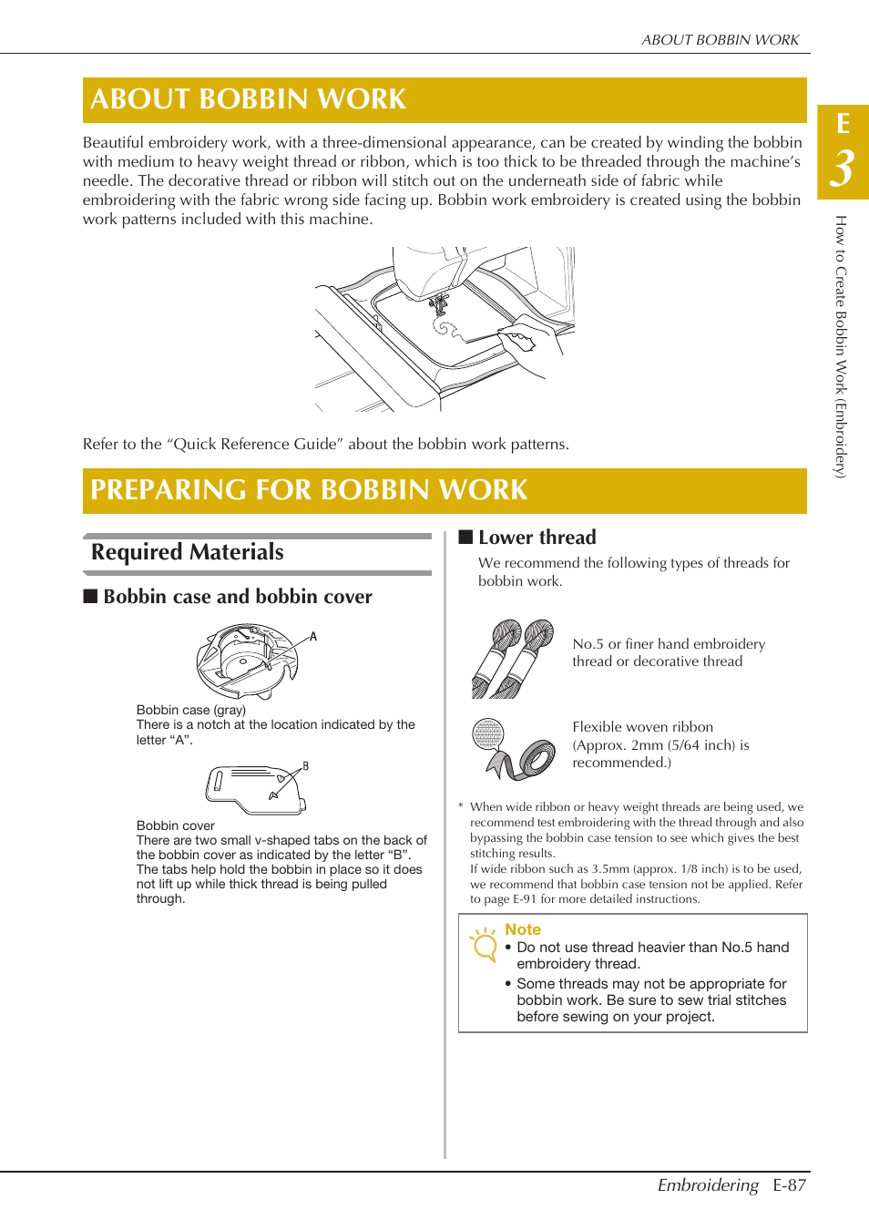 About bobbin work preparing for bobbin work, Required materials, Bobbin case and bobbin cover | Lower thread | Baby Lock Spirit (BLPY) Instruction and Reference Guide User Manual | Page 153 / 184