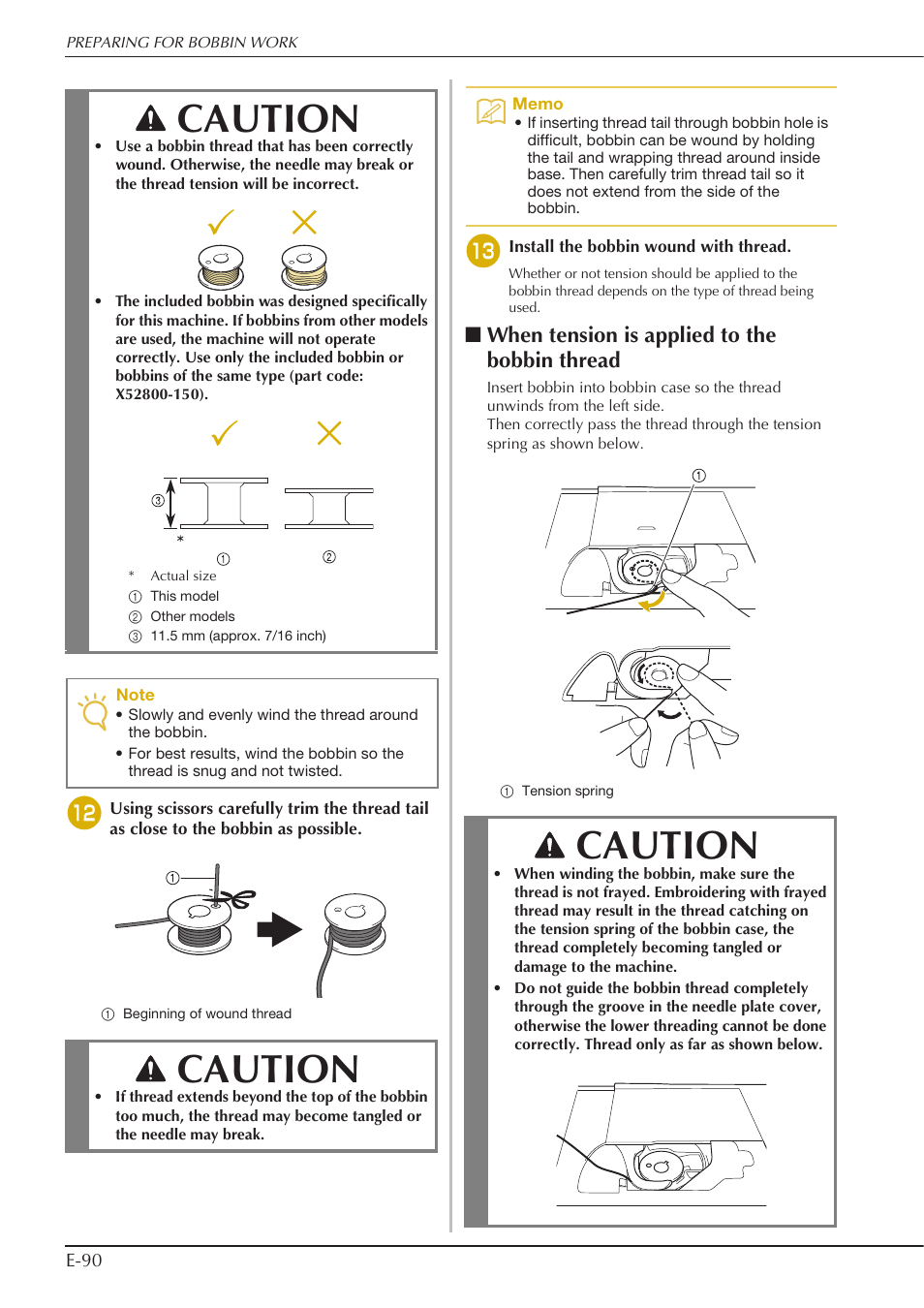 Caution, When tension is applied to the bobbin thread | Baby Lock Spirit (BLPY) Instruction and Reference Guide User Manual | Page 156 / 184