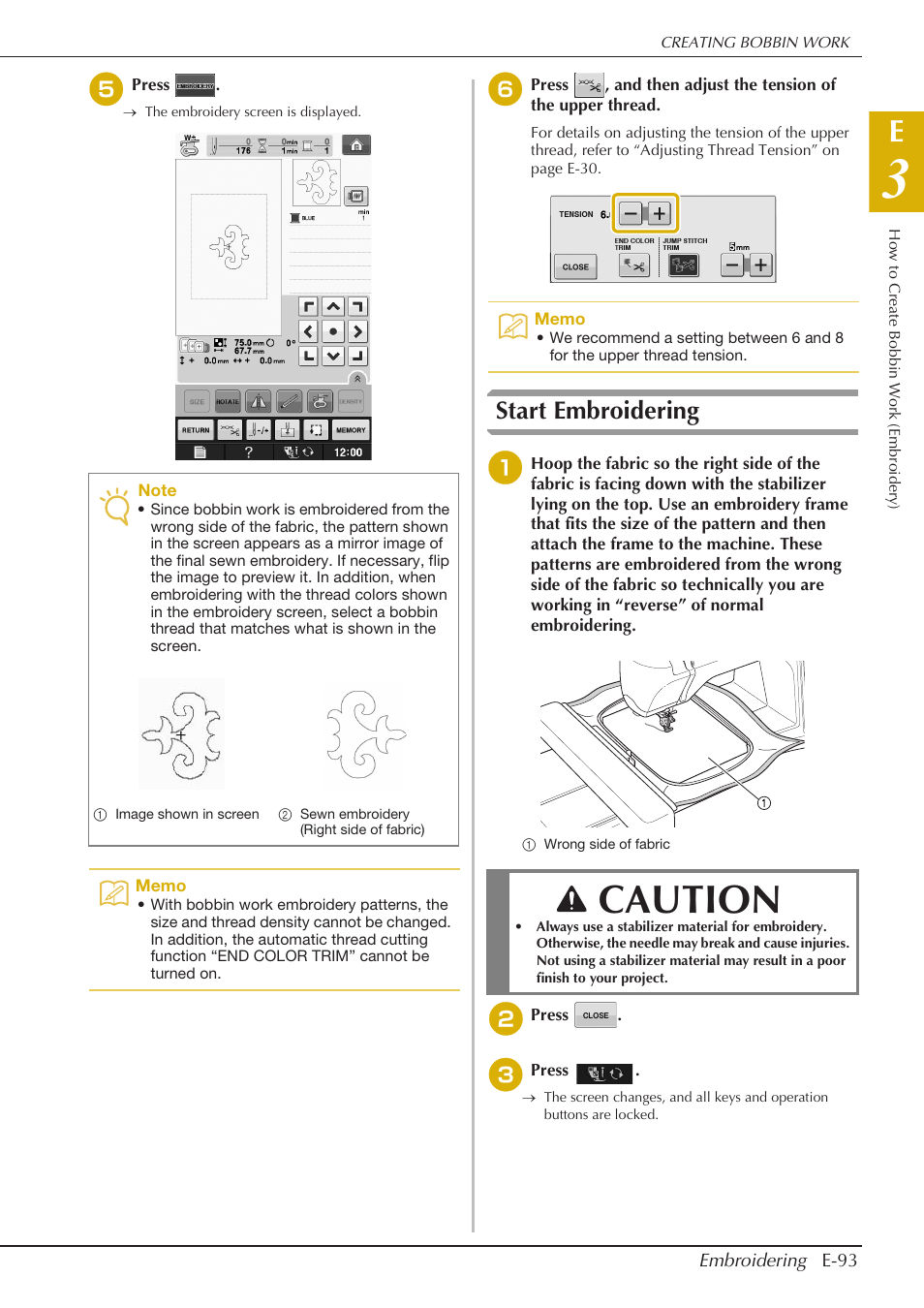 Caution, Start embroidering | Baby Lock Spirit (BLPY) Instruction and Reference Guide User Manual | Page 159 / 184