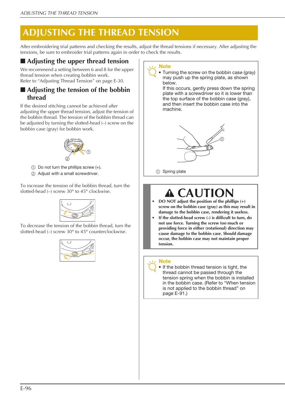 Caution, Adjusting the thread tension, Adjusting the upper thread tension | Adjusting the tension of the bobbin thread | Baby Lock Spirit (BLPY) Instruction and Reference Guide User Manual | Page 162 / 184