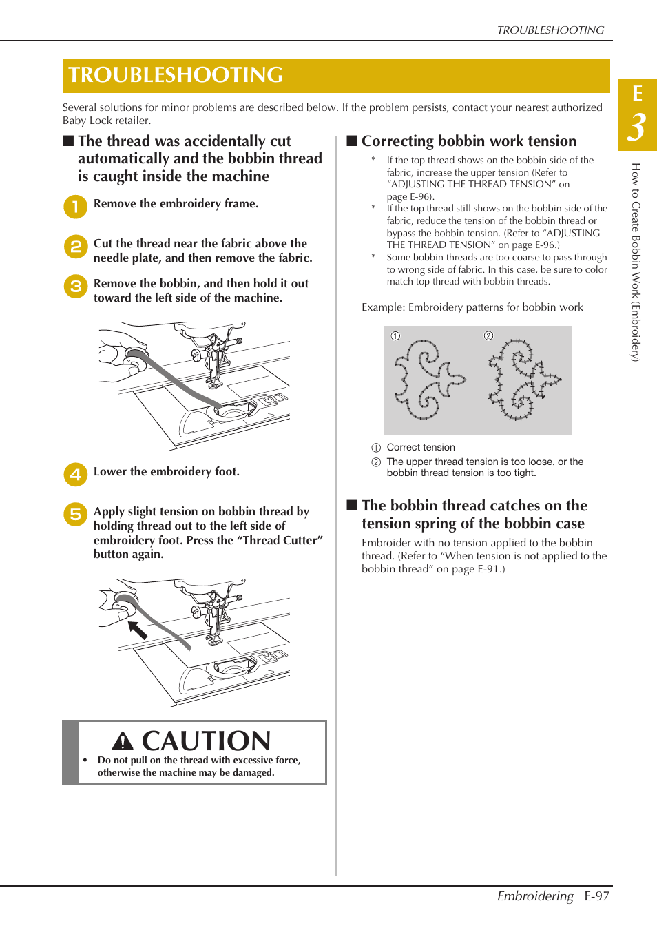 Caution, Troubleshooting, Correcting bobbin work tension | Baby Lock Spirit (BLPY) Instruction and Reference Guide User Manual | Page 163 / 184