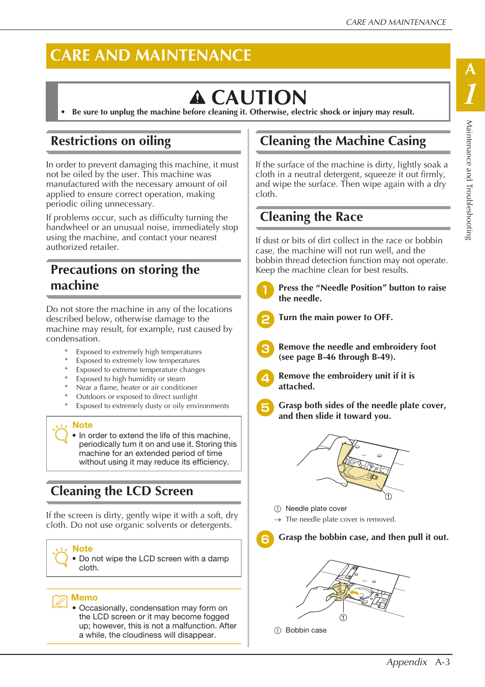Caution, Care and maintenance, Restrictions on oiling | Precautions on storing the machine, Cleaning the lcd screen, Cleaning the machine casing, Cleaning the race | Baby Lock Spirit (BLPY) Instruction and Reference Guide User Manual | Page 167 / 184