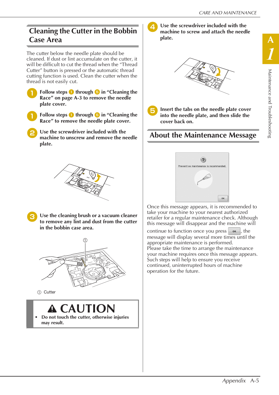 Caution, Cleaning the cutter in the bobbin case area, About the maintenance message | Baby Lock Spirit (BLPY) Instruction and Reference Guide User Manual | Page 169 / 184