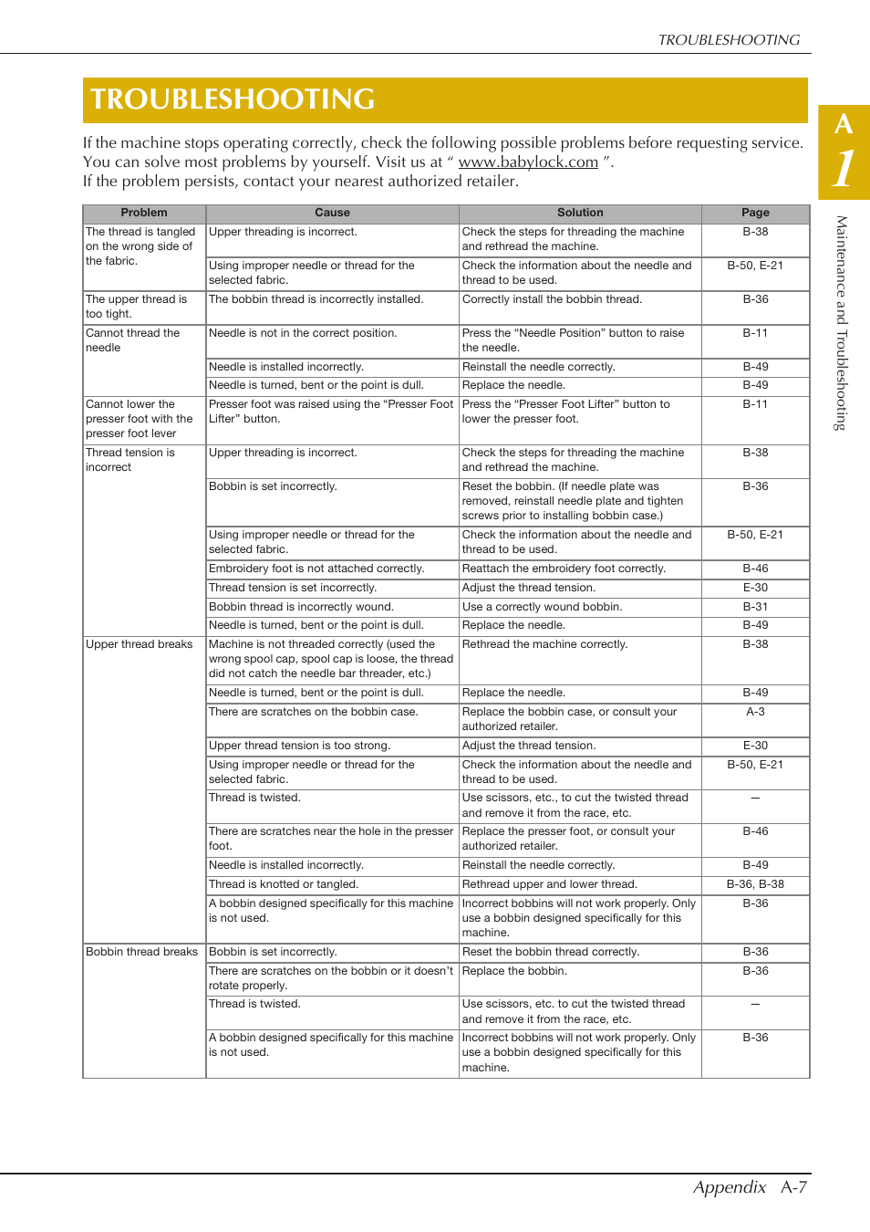 Troubleshooting, Appendix a-7 | Baby Lock Spirit (BLPY) Instruction and Reference Guide User Manual | Page 171 / 184