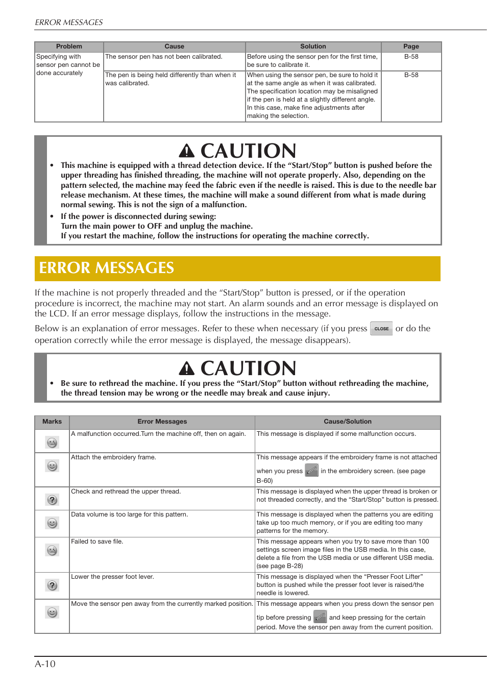 Caution, Error messages, A-10 | Baby Lock Spirit (BLPY) Instruction and Reference Guide User Manual | Page 174 / 184