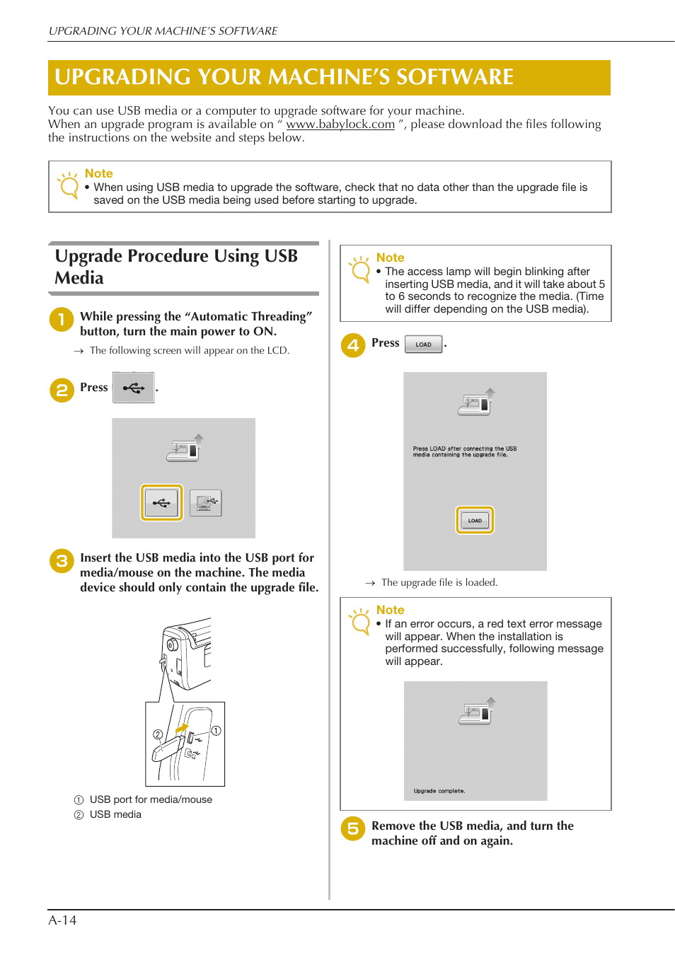 Upgrading your machine’s software, Upgrade procedure using usb media | Baby Lock Spirit (BLPY) Instruction and Reference Guide User Manual | Page 178 / 184