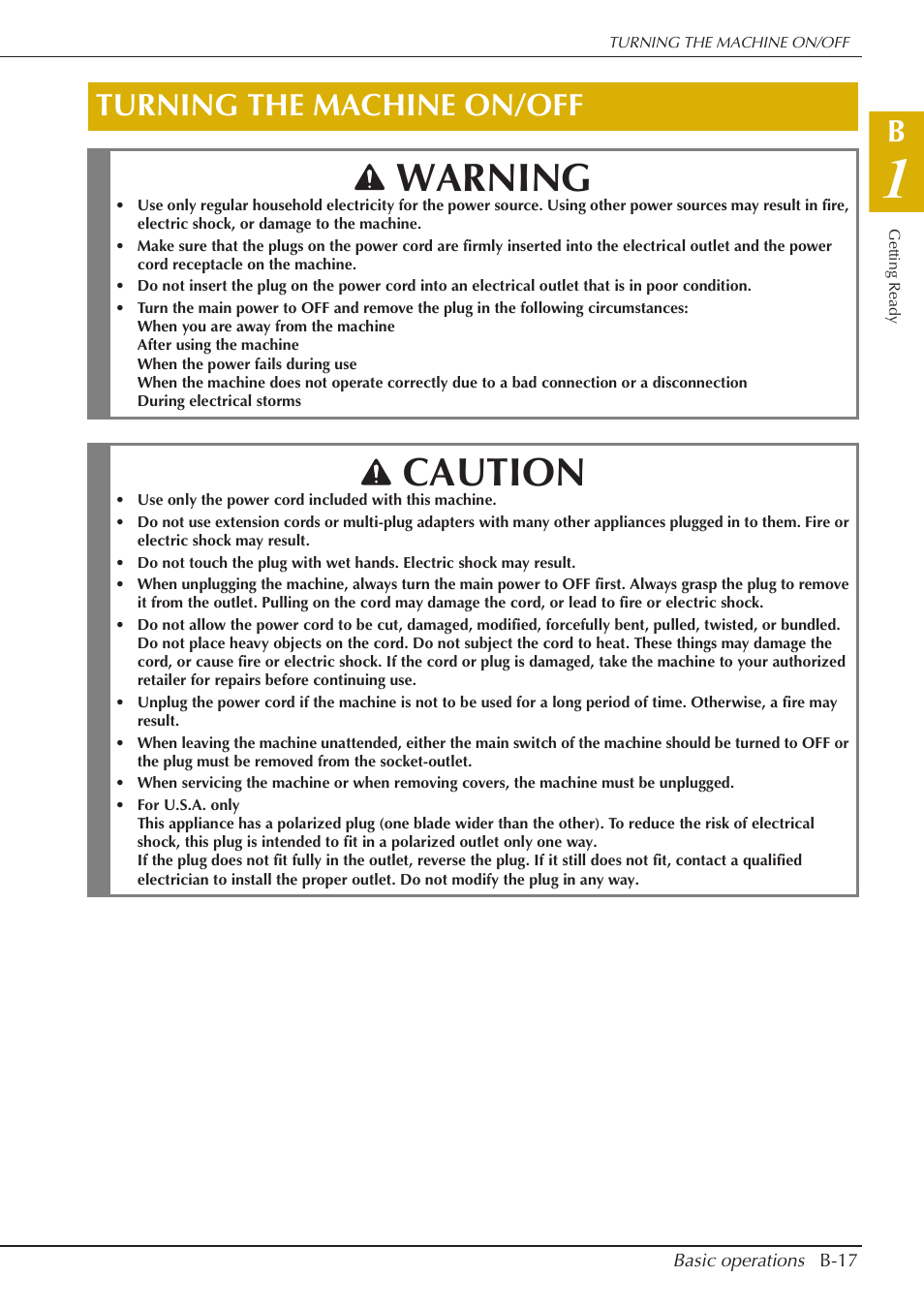 Warning, Caution, Turning the machine on/off | Baby Lock Spirit (BLPY) Instruction and Reference Guide User Manual | Page 19 / 184