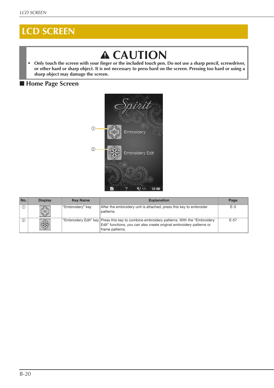 Caution, Lcd screen, Home page screen | B-20 | Baby Lock Spirit (BLPY) Instruction and Reference Guide User Manual | Page 22 / 184
