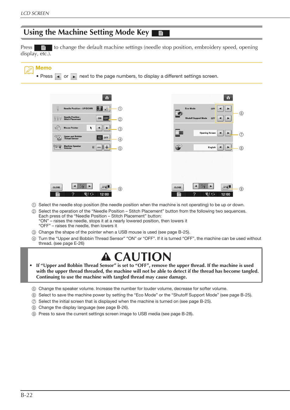 Caution, Using the machine setting mode key | Baby Lock Spirit (BLPY) Instruction and Reference Guide User Manual | Page 24 / 184