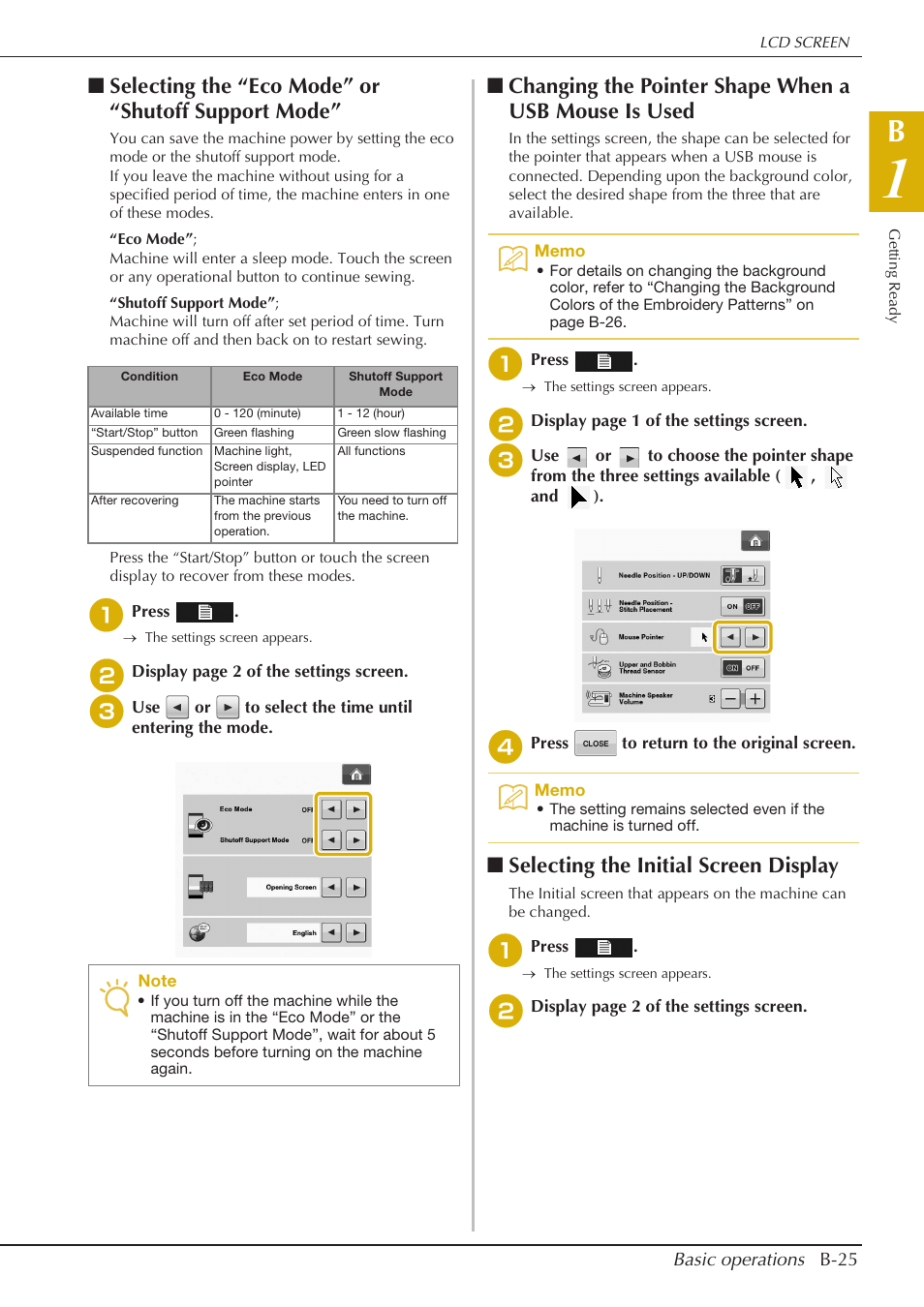 Selecting the “eco mode” or “shutoff support mode, Selecting the initial screen display | Baby Lock Spirit (BLPY) Instruction and Reference Guide User Manual | Page 27 / 184
