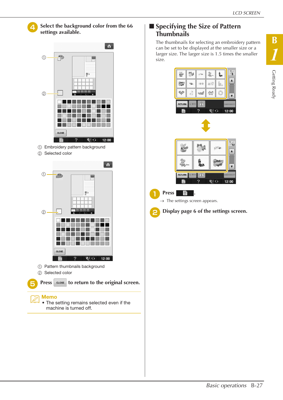 Specifying the size of pattern thumbnails | Baby Lock Spirit (BLPY) Instruction and Reference Guide User Manual | Page 29 / 184